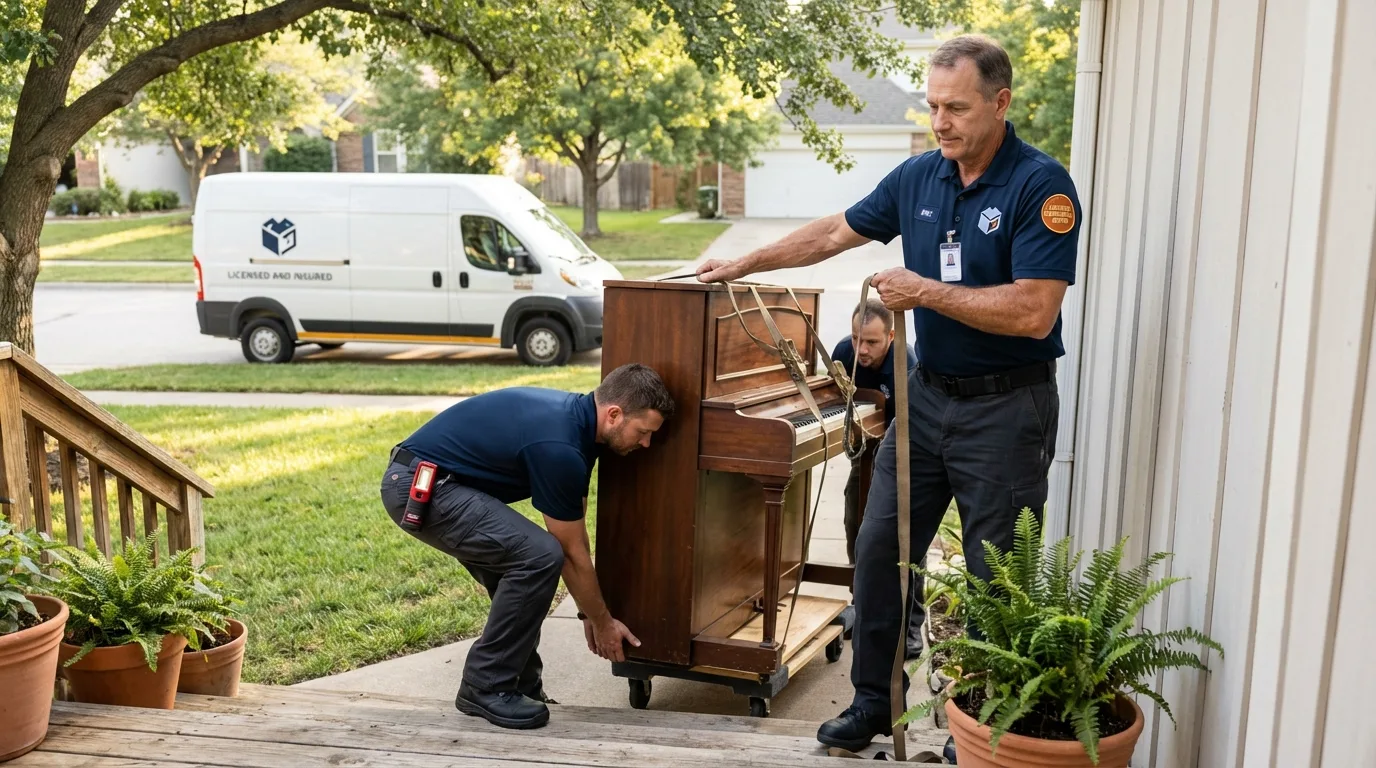Licensed piano movers securing grand piano in Glouster, OH