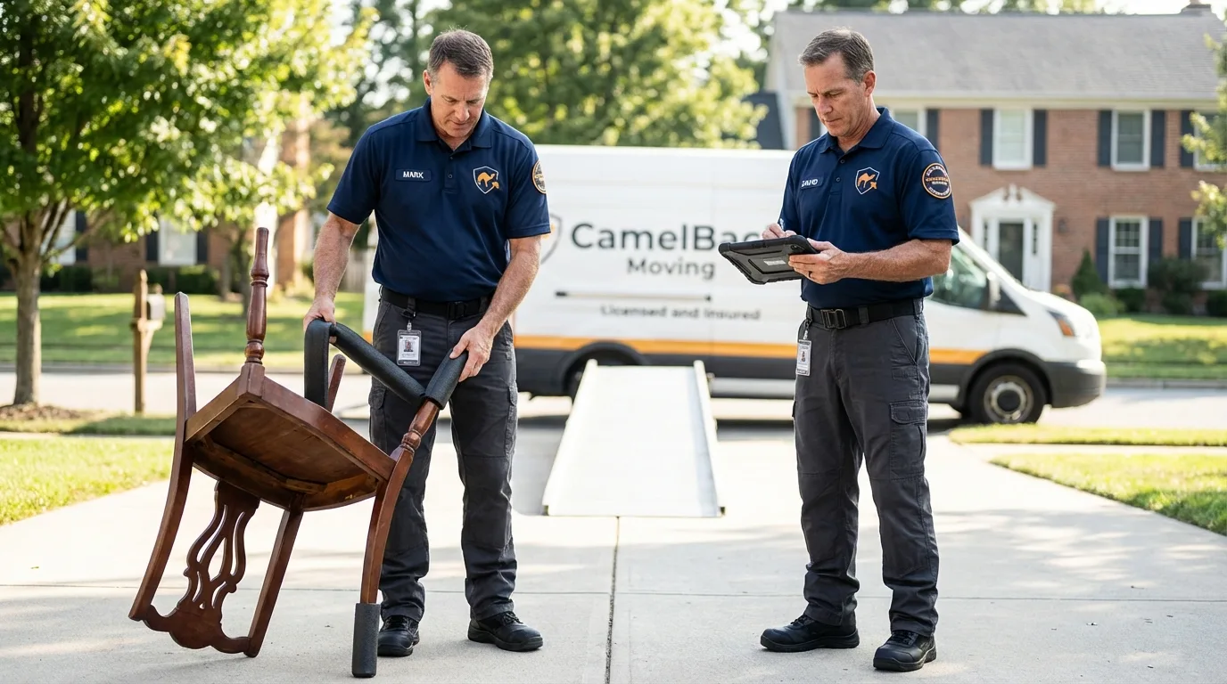Movers inspecting furniture for damage prevention before loading in Glouster, OH