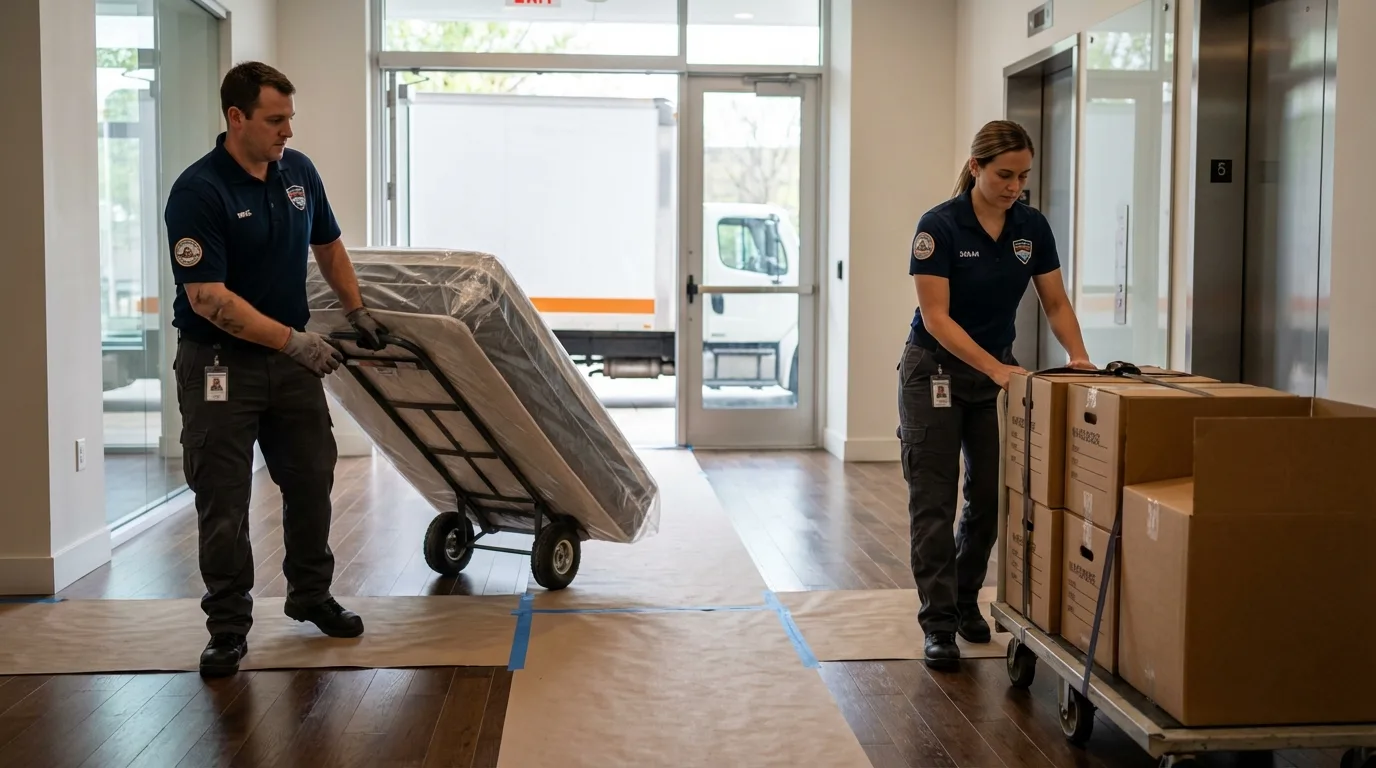 Professional apartment movers loading elevator in Glouster, OH